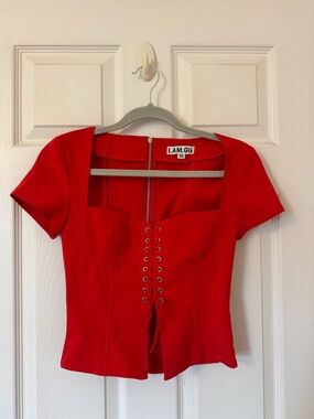 I.AM.GIA Red Short-Sleeve Lace-Up Corset Top